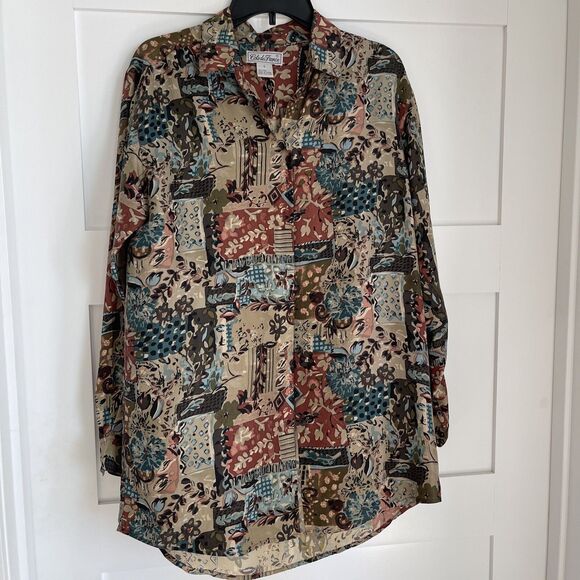 Vintage Womens Cote de France Silk Button Blouse Long Sleeve Brown Multi Sz S - Picture 3 of 13
